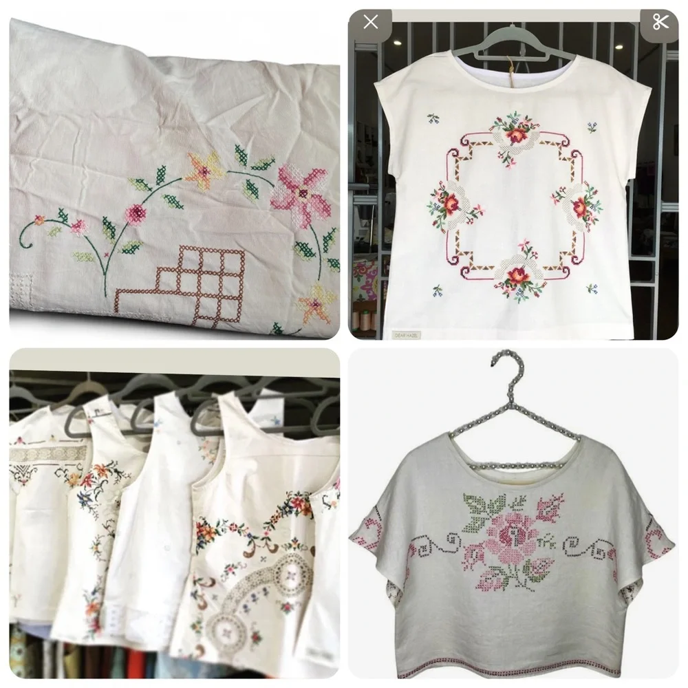 Vintage Tablecloth Hand Embroidered Floral CrossStitch 50” Sewing Upcycle craft - Picture 2 of 14